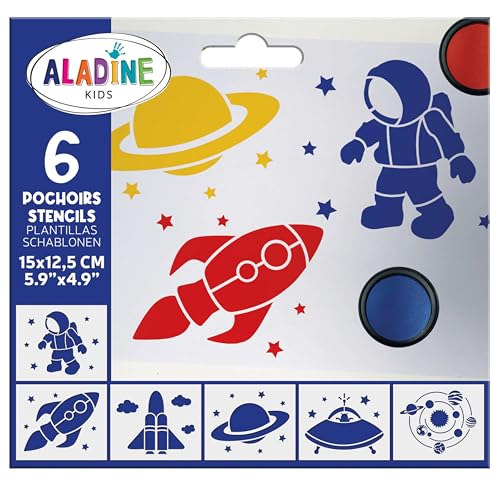 Aladine - 6 Schablonen für Kinder Space – 15 x 12,5 cm – für Dekoration aller Oberflächen – Schablone aus Filz, Malerei, Airbrush – Zeichnung A4