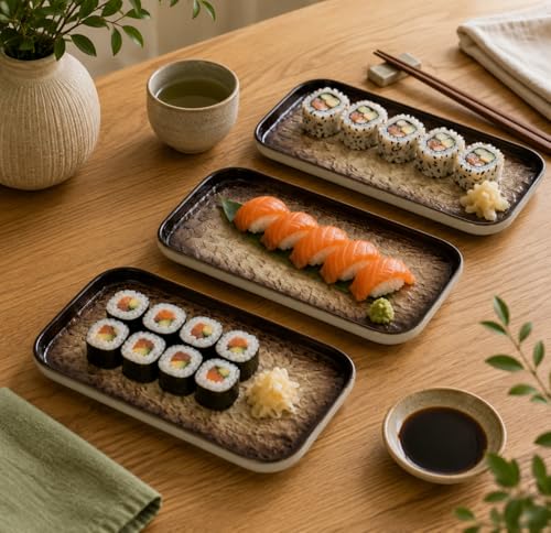 Image of Beyond Homes Ceramic Serving Tray Set of 3 | 8 Inch Rectangular Serving Plates | Premium Ceramic Platters for Sushi Dimsum Momos Snacks Starters & Appetizers | Microwave & Dishwasher Safe, Brown