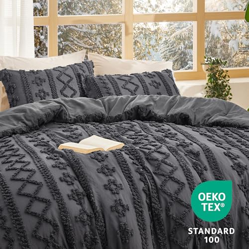 Bedsure Tufted Boho Comforter Set Queen Size - Dark Grey Boho Bed Set, GentleSoft™ 3 Pieces Farmhouse Shabby Chic Embroidery Bedding, Gifts for Woman, Soft Jacquard Queen Comforter for All Seasons