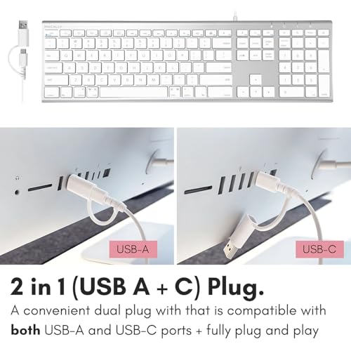 Macally USB C Keyboard (Upgraded) - Dual USB A + C Plug - Wired Keyboard for Mac - Ultra Slim, 20 Shortcuts, 110 Scissor Keys - for MacBook Pro/Air, Mac mini, iMac, iPad - Silver Aluminum