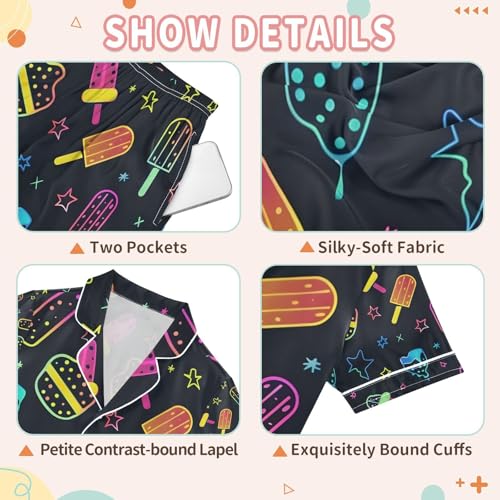 senya Ice Cream and Stars Satin Summer Pajama Sets Silk Short Sleeve Button Down Sleepwear3
