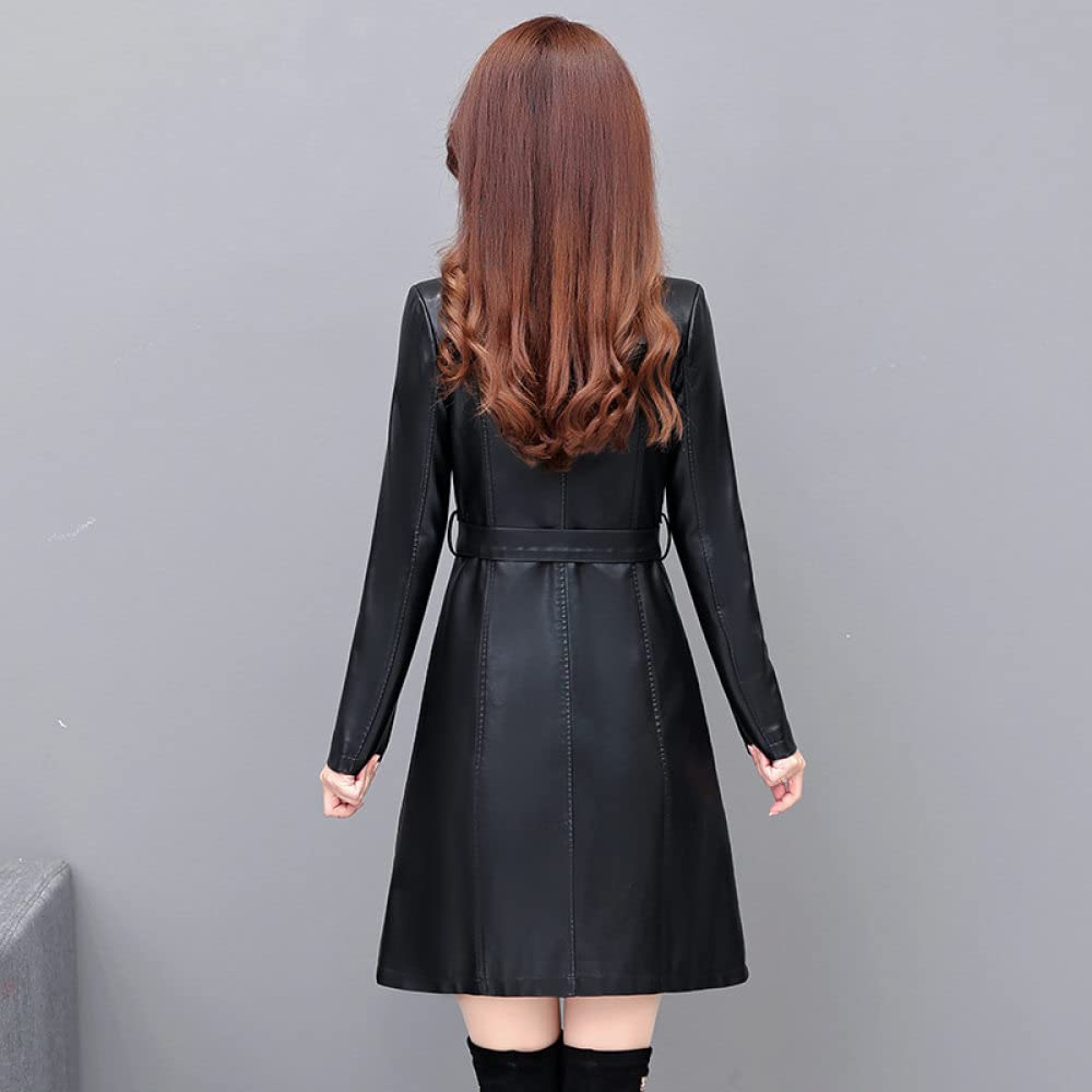 Chaqueta Mujer Primavera,Gabardina De Piel Sintética Para Mujer, Chaqueta Negra Con Solapa De Longitud Media, Cinturón De Doble Botón, Elegante, De Manga Larga, Ajustada, Para Motociclista, Abrig