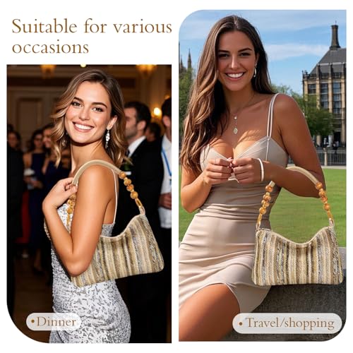 Image of Small Straw Shoulder Bag for Women, Woven Summer Handbag with Wooden Beaded Handle Vacation Purse