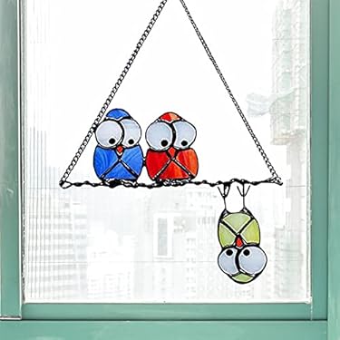 AMAZON - Suncatcher for Window, Bird Suncatchers for Windows Double-Side Multicolor Owls on a Wire High Stained Glass Suncatcher Window Panel Bird Window Hanging Suncatcher Personality Ornament Decoration