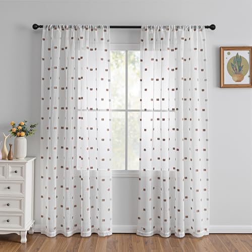 Image of MYSKY HOME Taupe Patched Design Sheer Curtains for Bedroom 84 Inch 2 Pieces | White Curtains Sheer Curtain, for Living Room Nursery Dining Room, Rod Pocket, Privacy Window Drapes, 50 x 84 inch