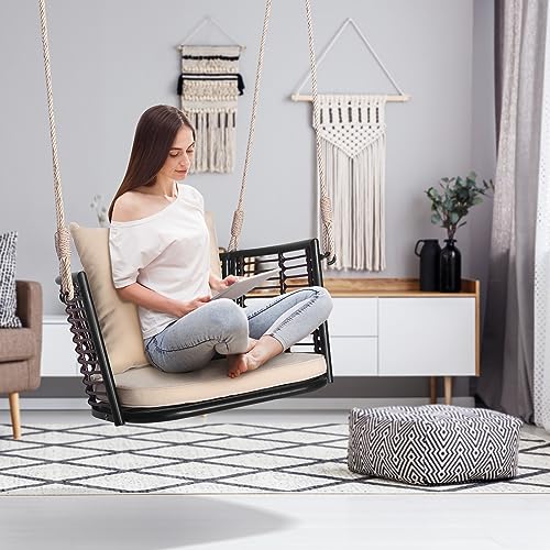 HAPPYGRILL Porch Swing Patio Hanging Rattan Basket Chair, Swing Hammock Chair with Seat Cushion & Back Cushion, PE Rattan, Sturdy Metal Frame, Wicker Hanging Rope Swing Chair