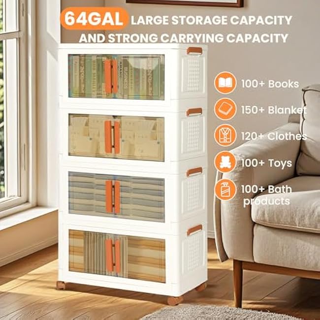 260QT Storage Bins with Lids, Folding Storage Box with Doors and Wheels, Large Stackable Collapsible Storage Bins, 4 Pack Closet Organizers and Storage for Home, Office.