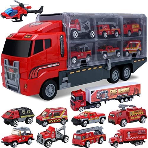 ALOTJOY Car Toddler Toys for Boys,Trucks 10 in 1 Diecast Fire Truck Mini Rescue Emergency Fire Cars Toy Play Engine Vehicle in Carrier Truck Gifts Cars Toddlers Toys for Age 3 4 5 6 7 Year Old Kids