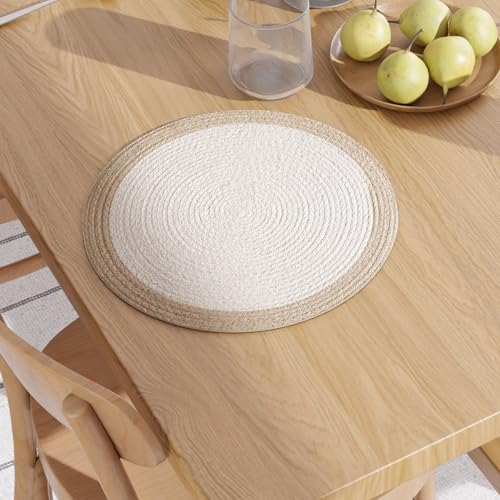Image of Dining Table Mats Set of 2 | Cotton Table Mat 32 cm Diameter, Encasa XO Washable Round Table Mats, Heat Resistance Dining Table Placemats, Handmade Ribbed Style for Centre Table, Off White & Beige