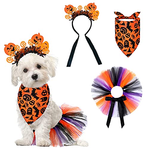 ANIAC Haustier Halloween Kostüm Set Katze Halloween Kürbis Stirnband und Rock Hund Halloween Bandanas und Hut Welpe Halloween Dreieckstuch Tutu Rock für kleine mittelgroße große Hunde (AO) Cover