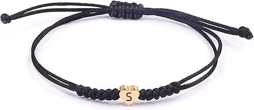Pulsera con inicial negra para mujeres y hombres, pulseras de letras con dije de inicial, pulseras de cuerda negra con iniciales, cuerda trenzada