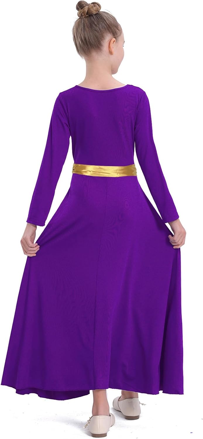 Girl's Praise Dance Dress Leaf Gold Metallic Long Sleeve Liturgical Worship Lyrical Dance Costume Church Robe