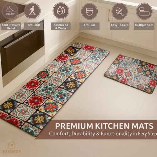 Image of HOMEZE Kitchen Mats for Floor Set of 2 | Non-Slip, Soft Absorbent Rugs with Rubber Backing | Washable Cushioned Anti-Fatigue Mats for Kitchen, Sink & Laundry (40x120 cm + 40x60 cm, Multi-Color)