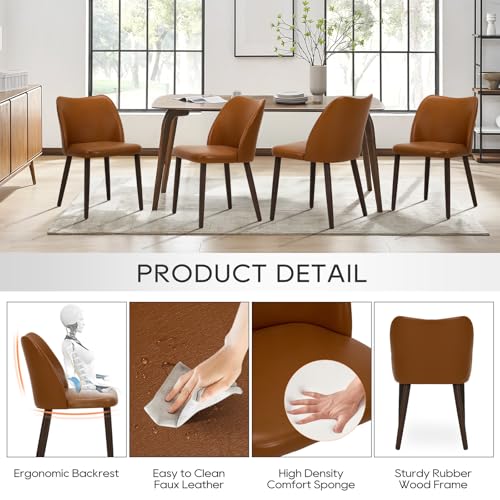 Image of MALOL Dining Chairs Set of 4, Upholstered Leather Kitchen Chairs with Curved Back, Padded Seat and Solid Wood Legs, Modern Dining Chair for Kitchen Dining Room,Light Brown