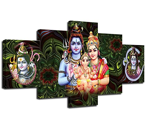 Lord Ganesh Family Wall Art Lord Shiva Parvatia Wall Decor Picture Canvas Print Hindu God Posters Home Living Room Bedroom Decorations Paintings Framed Ready To Hang 5 Pieces(60''Wx32''H) #TOP1