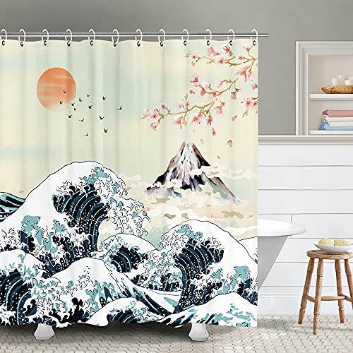 RosieLily Japanese Shower Curtain, Wave Shower Curtain Cool Shower Curtain Art Shower Curtain Hooks, Anime Mountain Sunset Shower Curtains for Bathroom, Asian Bathroom Decor for Mens, 72Wx72H Inch