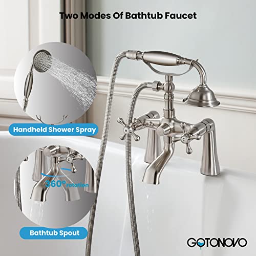 Deck Mount Tub Bathtub Clawfoot Faucet With Handheld Shower Brushed Nickel Telephone Shaped Sprayer Showerheld Double Cross Handle #TOP2