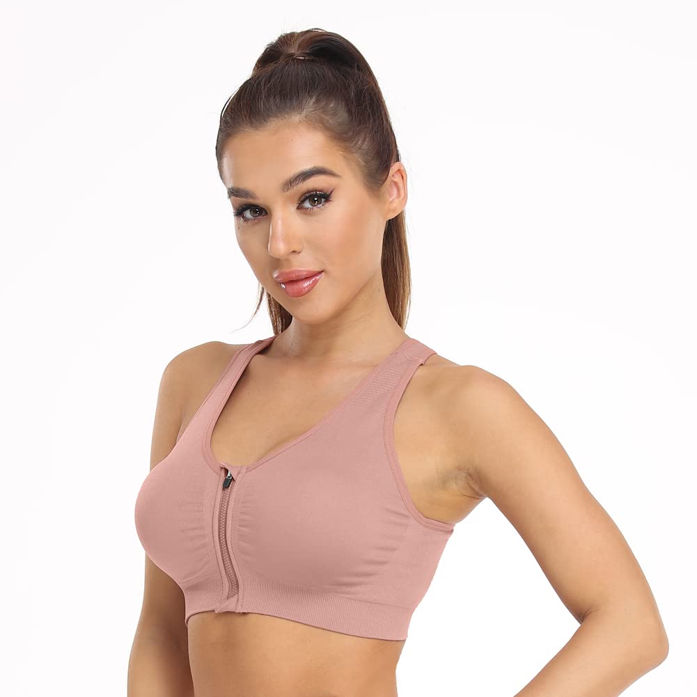 Women's Zip Front Sports Bra Wireless Post-Surgery Bra Active Yoga Sports Bras (Large, 3 Pack(Black+Grey+Bean Paste))