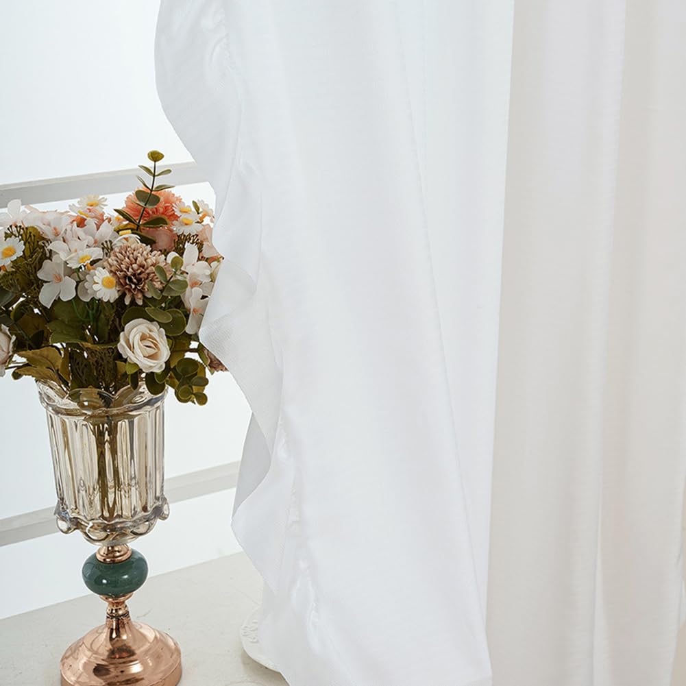 Weiß Rüschenn Gardinen Transparent für Schlafzimmer Wohnzimmer,Französisch Landhausstil Ruffled Vorhänge Durchsichtig Dekovorhang Romantisch 2 Stück 140x220