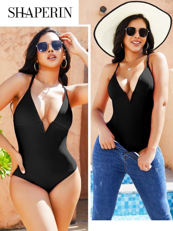 SHAPERIN Women's One Piece Swimsuit Deep V Neck Bathing Suits Tummy Control Push Up Padded Swimwear - Image 5
