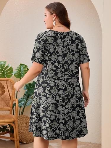 Image of AusLook Plus Size Midi Dress for Women Short Sleeve V Neck Criss Cross A Line Summer Casual Vacation Sundresses with Pockets
