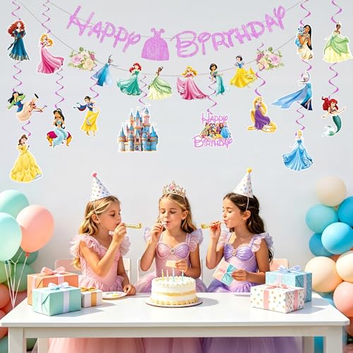 Princess Party Decorations Set, 2 Princess Happy Birthday Banner and 14 Hanging Swirls, Cute Birthday Party Decorations for Girls by DAFRDMO - Used condition - Image 5