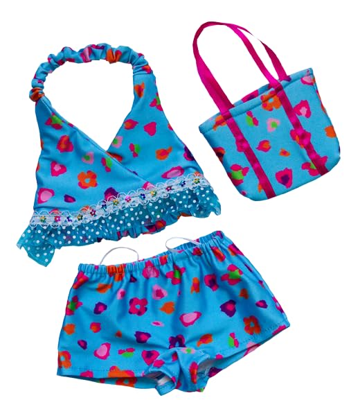 Plush Gear Blue Floral Tankini with Matching Bag for 14"-18" Stuffed Animals – Summer Swimsuit Outfit for Teddy Bears & Soft Toys – Stylish Beachwear