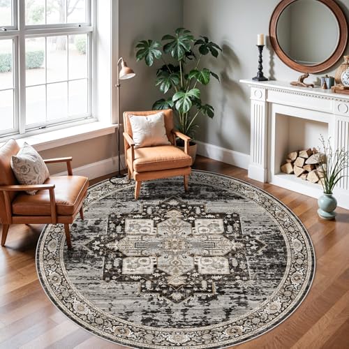 RUUGME Hallway 6ft Round Rugs - Boho Rugs for Living Room Stain Resistant Carpet Vintage Tribal Rugs for Bedroom Kitchen Dining Room with Non Slip Backing Home Decor Floor Decoration Mat 6ft Black