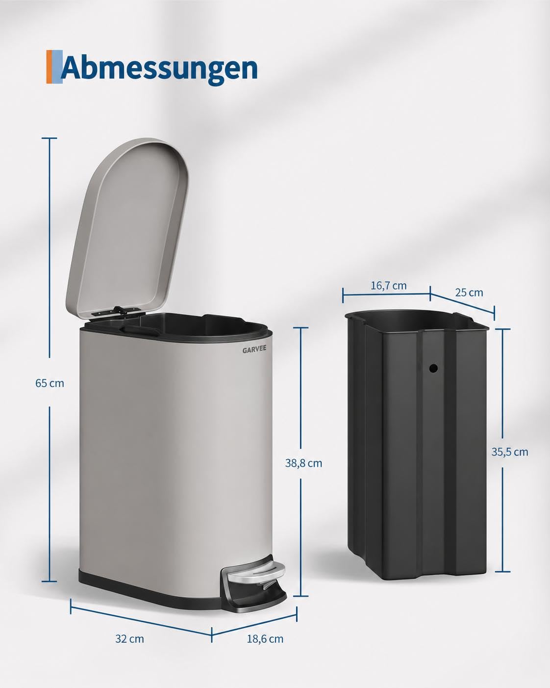 Geruchsdichter Edelstahl Mülleimer mit Deckel – Schlanker 10L Tret-Abfalleimer für Bad & Schlafzimmer – Wasserdicht, Soft-Close, herausnehmbarer Inneneimer, Griff, rutschfest, grau