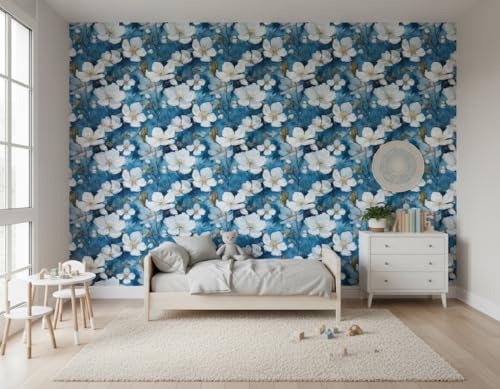 Image of VKR 3D Floral Wallpaper, Self Adhesive Decorative Peel and Stick Wall Covering Sticker for Bedroom, Living Room and Office (45 x 300 cm, Blue Flower) Pack of 1