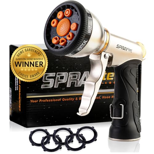 SprayTec Garden Hose Nozzle Sprayer – Heavy Duty Metal Spray Gun w/ Pistol Grip Trigger. 9 Adjustable Patterns Best For Hand Watering Plants & Lawn, Car Washing, Patio, Dog & More. Leak Free Guarantee