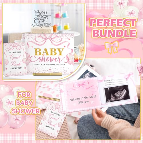 Image of Fuyoooo 27 Pcs Bow Baby Shower Guest Book Baby Shower Sign in Guest Book Reception with Sonogram Page Keepsake Includes Gold Pen Table Card and Adhesive Photo Corner for Birthday