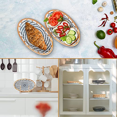 Gaiamade Set Of 4 8" Oval Ceramic Rattan Woven Plates, Rattan Decorative Ceramic Dish Set, Easy To Clean And Lightweight Serving Ceramic Plates For Sushi, Snack, Dessert, Hand-Woven Rattan Plate #TOP3