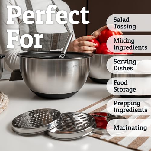 Stainless Steel Mixing Bowls with Lids Set, 3 Grater Attachments, Airtight Lids, Non-Slip Silicone Base Mixing Bowl Set, Large Prep Metal Mixing Bowls for Kitchen, Black - Image 6
