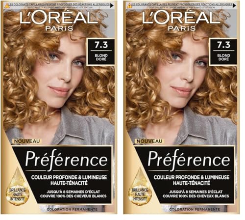 L’ORÉAL PARIS - Coloration Cheveux Permanente - Longue Durée & Lumineuse - Couvre 100% des Cheveux Blancs - Préférence - Nuance : Floride (7.3), Blond Doré (Lot de 2)