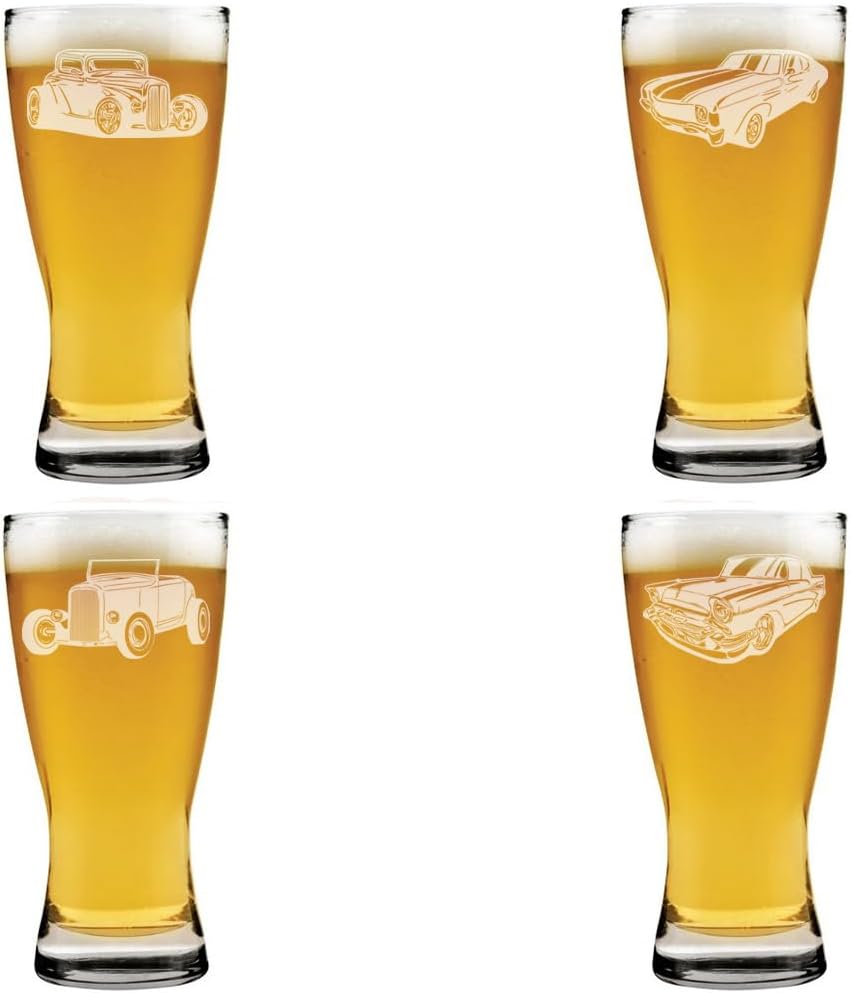 MIP 15 oz Beer Pilsner Glass Gift Set of 4 Classic Cars Hotrod Collection