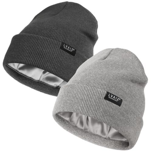 Image of 2 Pack Satin Lined Beanies for Men and Women Warm Cuffed Winter Hats | 60% cotton and 40% acrylic knit with smooth satin lining, stretch fit, cuffed ear coverage, and two-hat value for winter wear