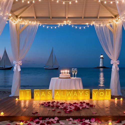 Image of Valentines Day Decorations - It was Always You Light Up Letters Luminary Bags, Romantic Decorations Special Night with Bright LED Candles and Fake Rose Petals, Engagement Party & Proposal Decor kit