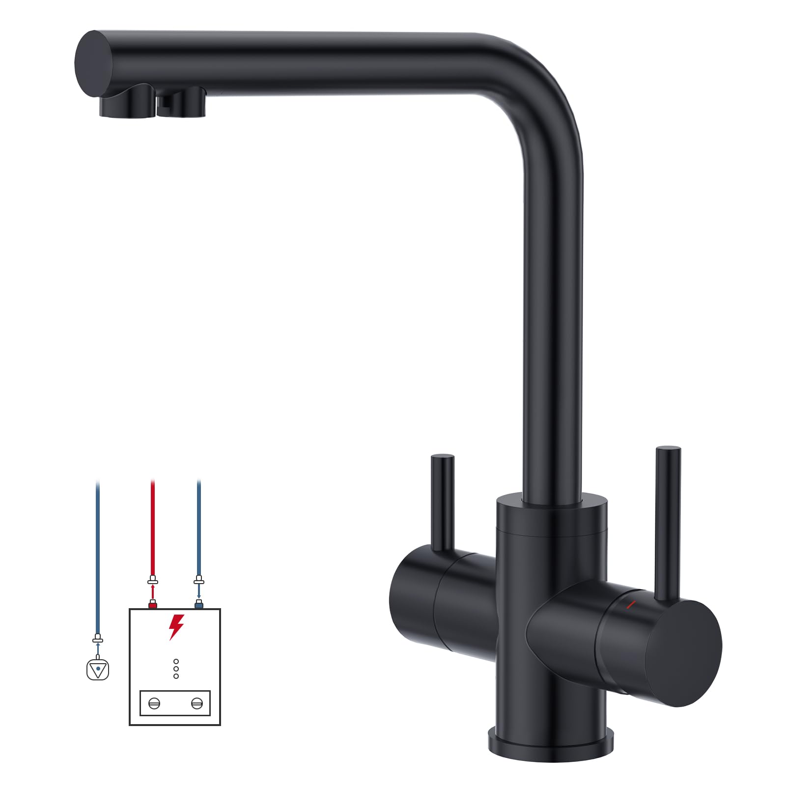 CREA Grifo de Cocina de Baja Presión, Grifo de Cocina 3 Vías | Grifo Cocina 3 Vías para Ósmosis Agua Fría y Filtrada, Fregadero con 2 palancas, Giratorio 360°, Negro Mate