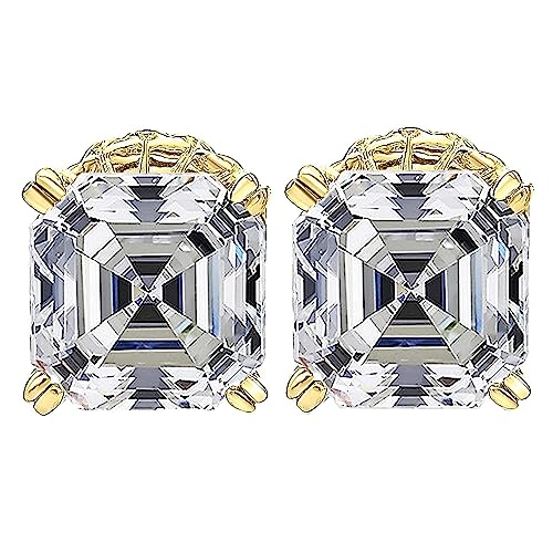 Asscher Cut Cz Stud Earrings In Ss316 Surgical Steel & 925 Silver 4.00Ctw Cubic Zirconia - 7Mm Yellow #TOP23