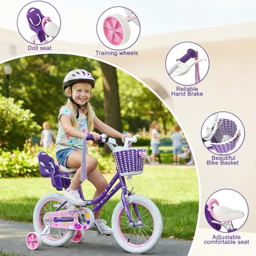 Image of XJD Girls Bike for Toddlers 3-9 Years Old Kids, 12 14 16 Inch Kids Bike with Training Wheels, Streamers, Basket and Doll Seat
