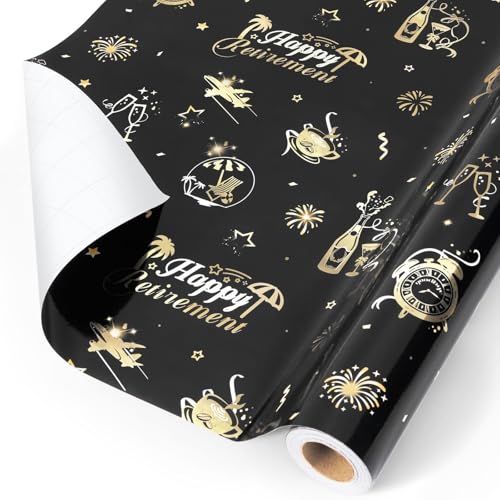 WERNNSAI Happy Retirement Wrapping Paper 1 Roll 17in x 33ft Black Gold