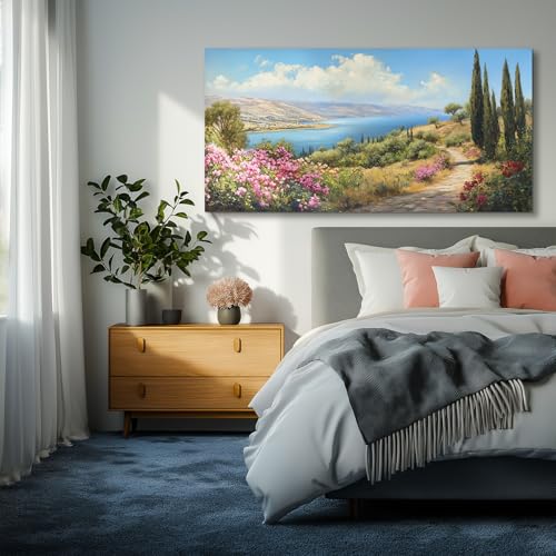 crmotu Large Landscape Wall Art, Mountain Wall Art, Lake Pictures Wall Decor, Pastoral Scenery Canvas Prints, Meadow Wildflower Paintings for Living Room Bedroom Dining Room Farmhouse 30x60inch