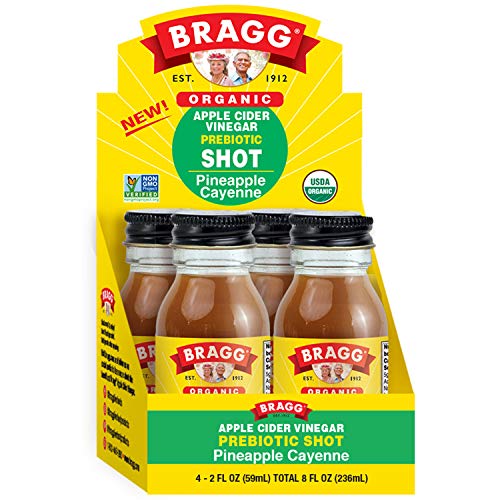 Bragg Organic Apple Cider Vinegar Shot with Pineapple Cayenne  2 Oz ACV Shot  USDA Certified Organic, 4 Pack