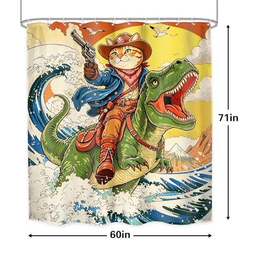 Image of Kids Funny Cat Riding Dinosaur Cool Japanese Bathroom Shower Curtain Set