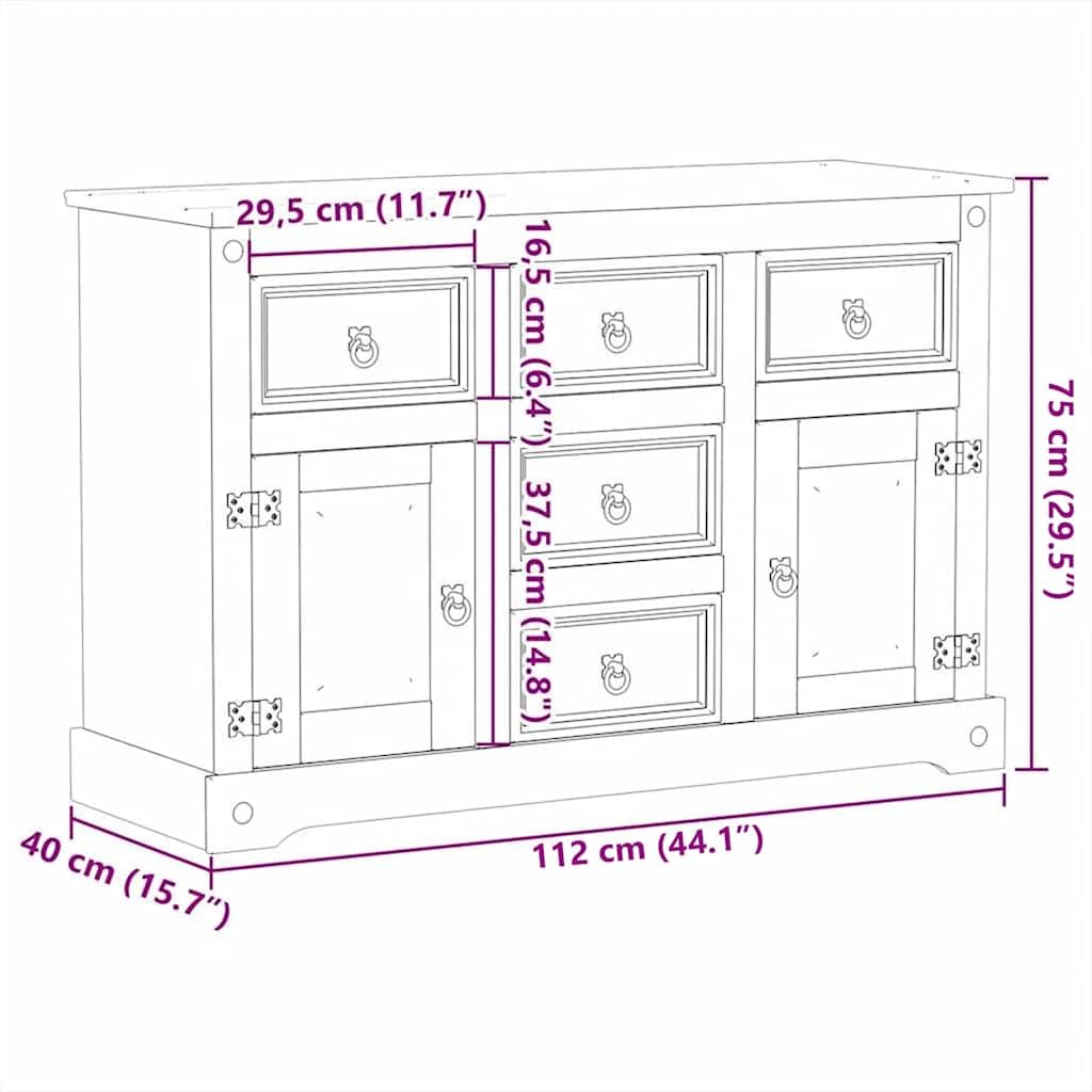 Buffet en Bois Massif de pin 112x40x75 cm avec tiroirs et Portes pour Salon Cuisine Salle à Manger Robuste et Rustique