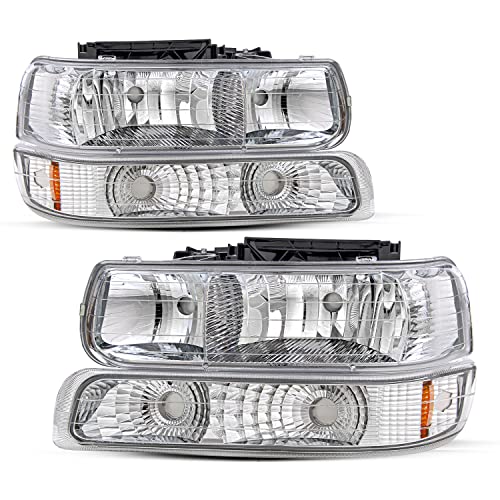 JSBOYAT Headlight Assembly with Bumper Lights 4pcs Fit for 1999-2002 Chevy Silverado 1500 2500 / 2000-2006 Chevy Tahoe Suburban, Chrome Housing with Amber Reflector