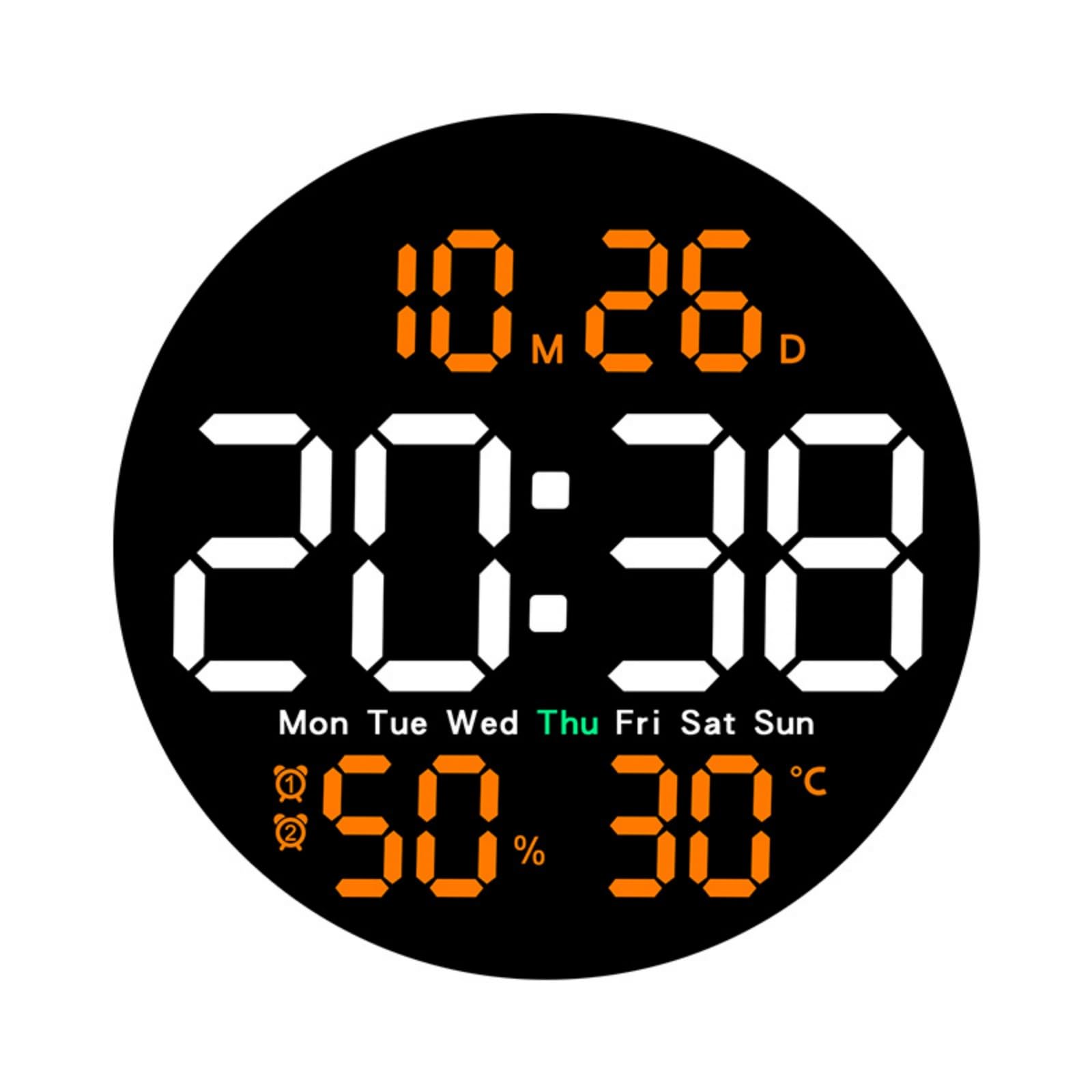 Orologio da Parete Soggiorno Digitale LED Calendario Sveglia Attiva Termometro Igrometro Display Chiaro Corpo in Plastica Adatto per Salotto Camera da Letto Studio Ufficio