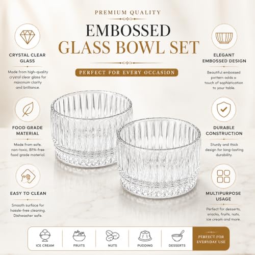 Image of Glassbunny 140ML Embossed Glass Dessert Bowls Set of 6 | Crystal Clear Transparent Glass Bowls for Ice Cream, Pudding, Fruit Salad, Dry Fruits & Snacks | Premium Ribbed Design