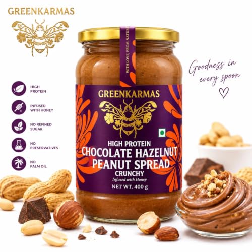 Image of GreenKarmas Hazelnut Chocolate Peanut Butter 400g, High Protein Peaunute Butter with crunchy texture, No Refined Sugar, No Palm Oil